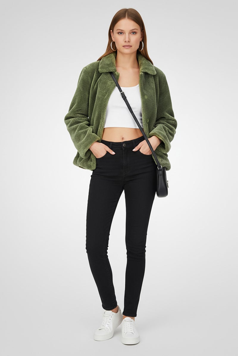 Rebecca Minkoff جاكيت نسائي من الفرو الصناعي بأكمام طويلة، زيتوني - Image 1